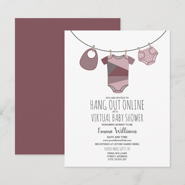 Online Virtuell Plum Girl Baby Shower Clothesline Inbjudningar (Fram/baksida)