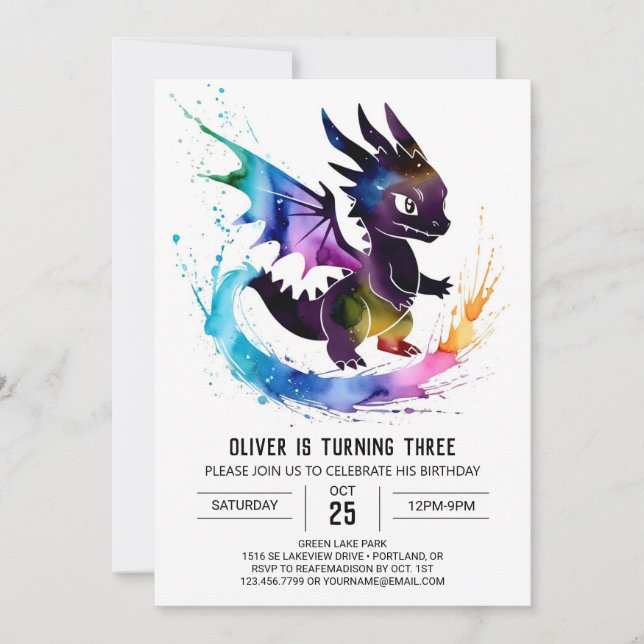 Online Watercolor Dragon Digital Boy Birthday Inbjudningar (Framsida)