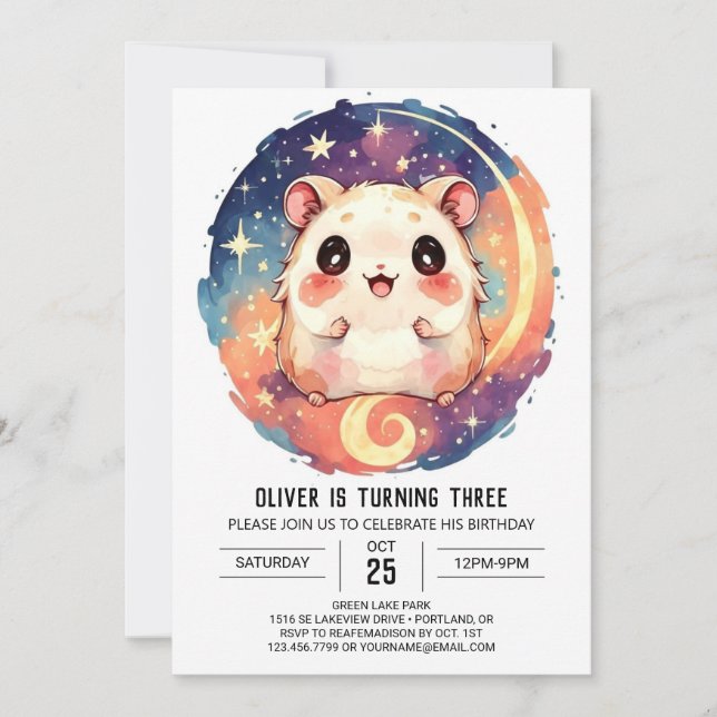 Online Watercolor Hamster Birthday Inbjudningar (Framsida)