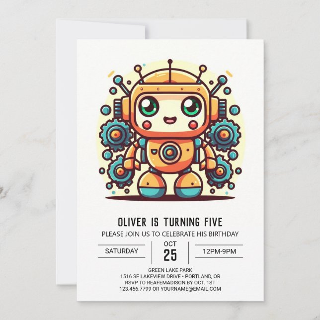 Online Whimsical Metallic Robot Birthday Inbjudningar (Framsida)