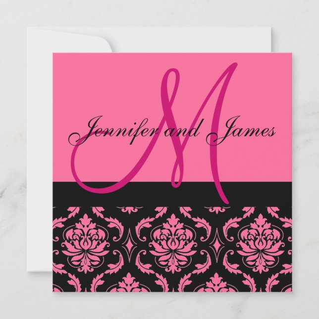 Onlineinbjudan Monogram Namn Shock rosa Damask Inbjudningar (Framsida)