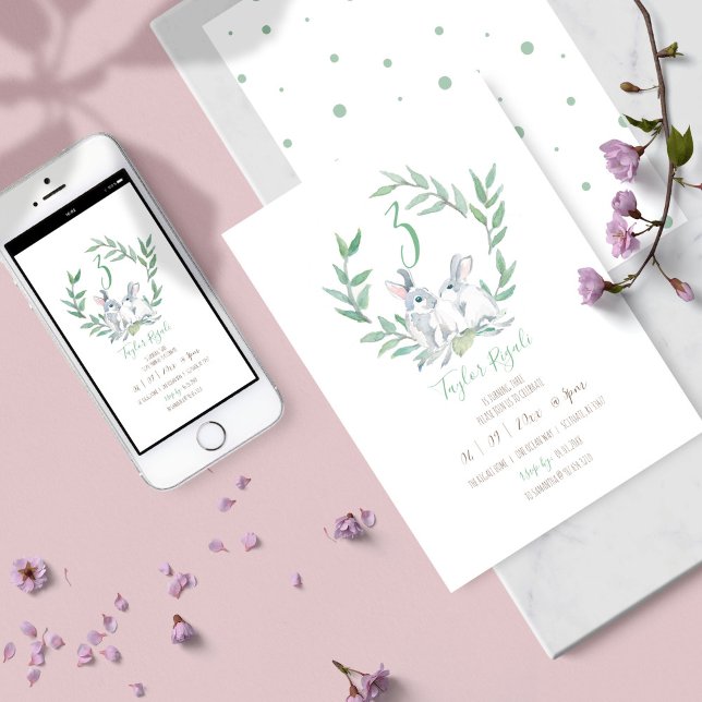 Onlinen Blockdags-inbjudningar till vattenfärgsbun Inbjudningar (kids birthday party invitation gender neutral bunny watercolor art by Victoria Grigaliunas)