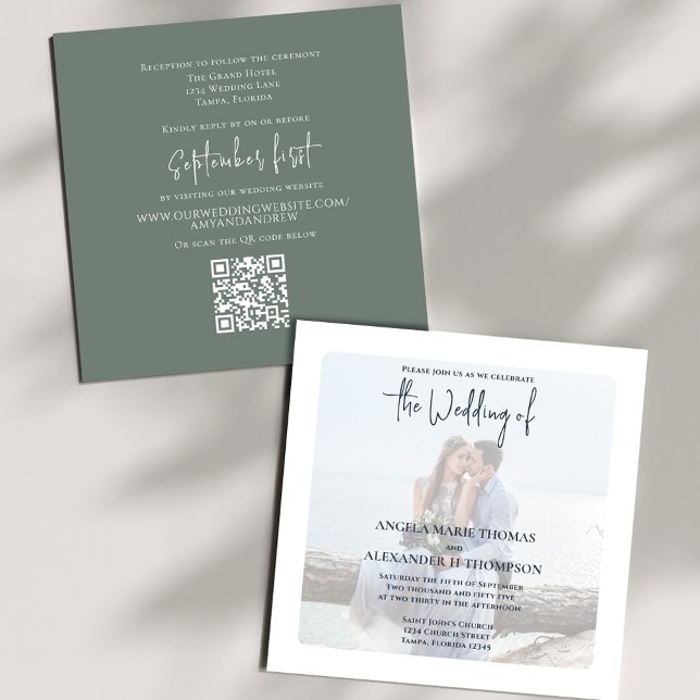 Onlinen Simple Moss-Grönt för OSA av fotoQR-kod Inbjudningar (Elegant photo Moss Green wedding invitation with a scannable QR code.)
