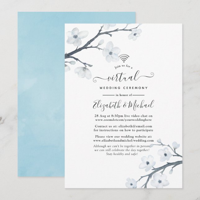 Onlinen White Cherry Blommar Virtuellare Bröllop Inbjudningar (Fram/baksida)