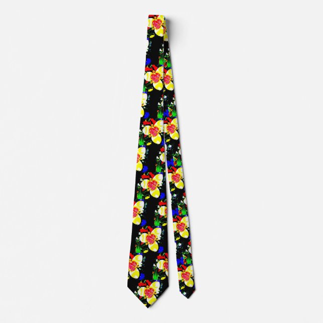 Onormal svart med gult och röd blomma mönster slips (Framsida)