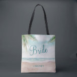 Öns Breeze Pawarden Beach Scene Bröllop Bride Tygkasse<br><div class="desc">Ön Breeze Paweed Beach Scene,  med Ocean Vågar,  Sandy Beach och Handflatan Träd,  med ett vackert teal blå himmel. Med Typsnitt för modern typografi. En tropisk sommarströ eller en målbröllopsdesign - Personlig Bride Tote bags! ~ Kolla min butik för att se hela bröllop-svit för den här designen!</div>