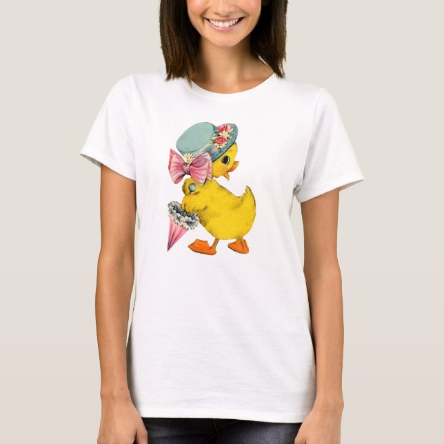Önska lite vintagepåskchicken w/Hat & paraplyet T Shirt (Framsida)