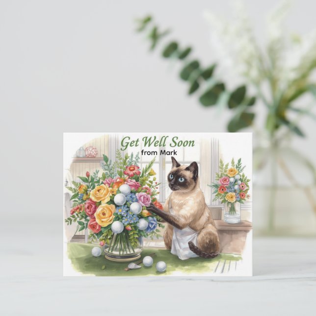 Önska snabb återhämtning med golfboll och blommor  vykort (Stående Fram)