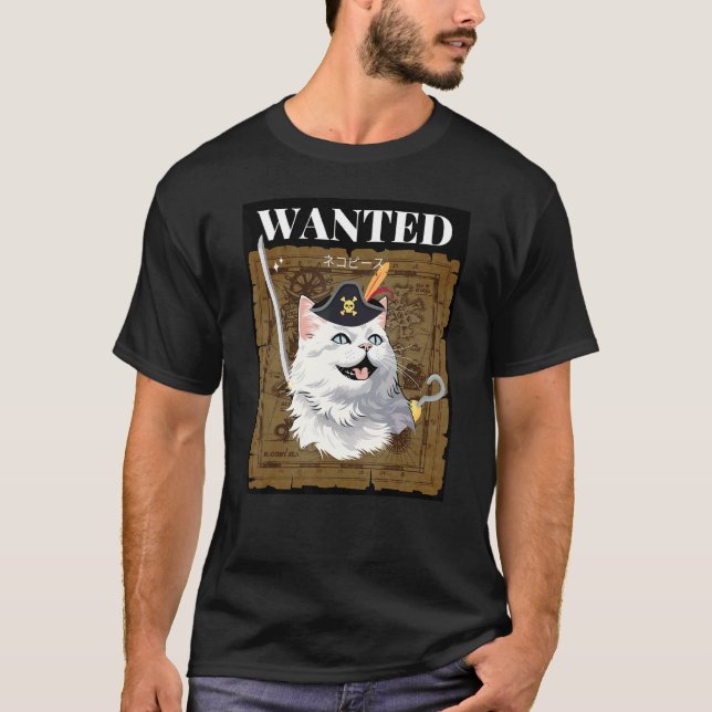 Önskad Pirat Katt Rolig Neko Del T Shirt (Framsida)