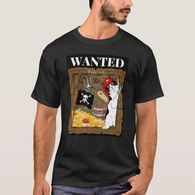 Önskad Pirat Katt Rolig Neko Del T Shirt (Framsida)