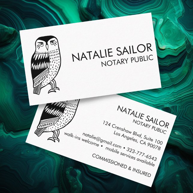 ÖNSKAN UGGLA Unik Modern Logotyp Notarius Public L Visitkort (Cute owls decorate these custom business cards)