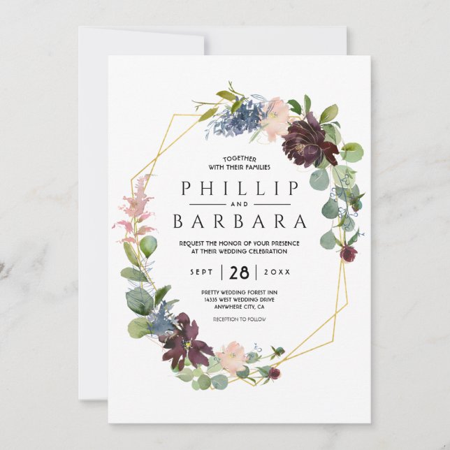 Önskar Bordo Blå Akvarell Blommor Inbjudningar (Framsida)
