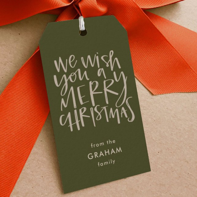 "Önskar dig en God jul" Evergreen Gift Märkres Presentetikett (We Wish You A Merry Christmas hand lettered carol green holiday gift tag.)