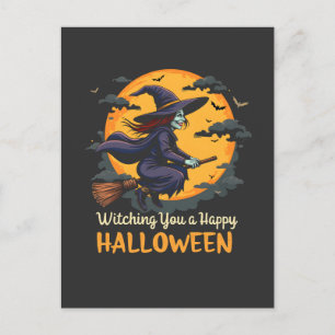 Önskar dig en Happy halloween Witch på Broomstick Inbjudan Vykort