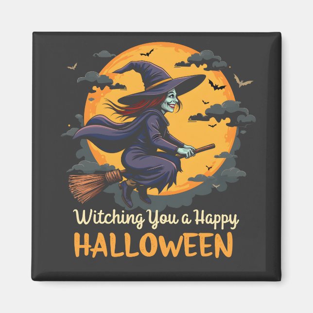 Önskar dig en Happy halloween Witch på Broomstick Magnet (Framsidan)