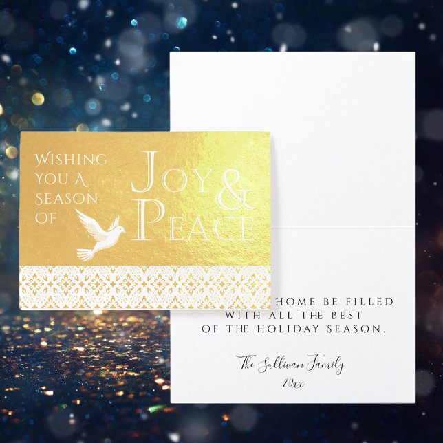 Önskar dig en säsong av Joy and Peace Helgdag Foil Folierat Kort (Wishing You a Season of Joy and Peace Gold Foil Folded Card with Personalizable Inside Message)