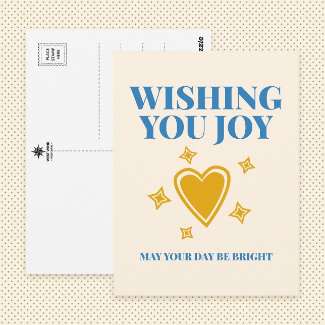 Önskar dig glädje typografi vykort ("Wishing you joy", blue and yellow postcard. "May your day be bright", with a heart and stars above.)