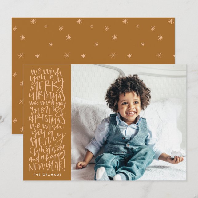 Önskar en God jul i ett bränt fotokort Julkort (Fram/baksida)