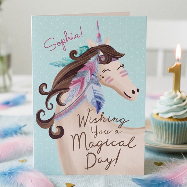 Önskar en magisk dag, stamfärgskoncentrat för vatt kort (Sweet Watercolor Unicorn Horse 1st Birthday Card)