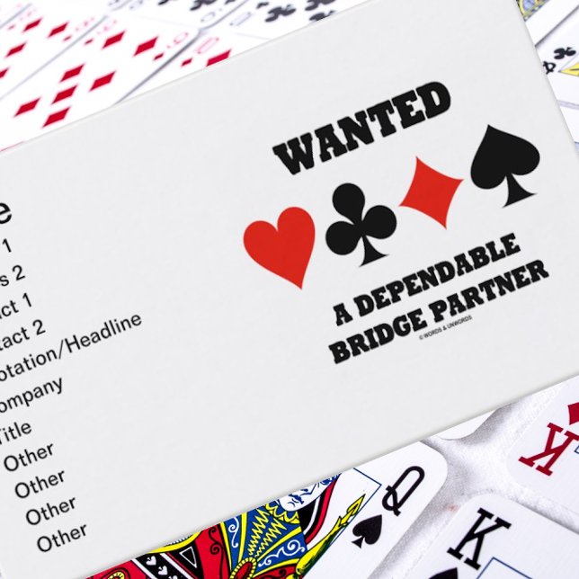 Önskar en pålitlig Bridge-partner (Card Kostym) Visitkort (Business card for any bridge player who desires a dependable bridge partner)