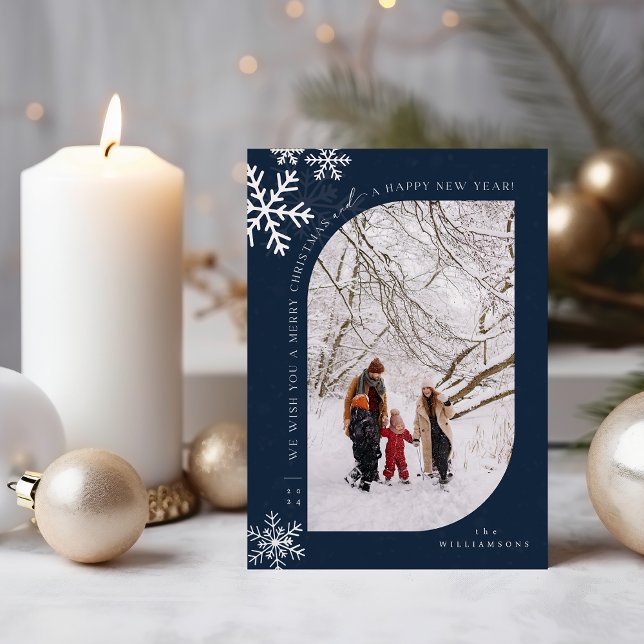 Önskar Er en God Jul, Unikt Foto  Julkort (curved border navy and snowflake Christmas card mock up surrounded by ornaments and a candle)
