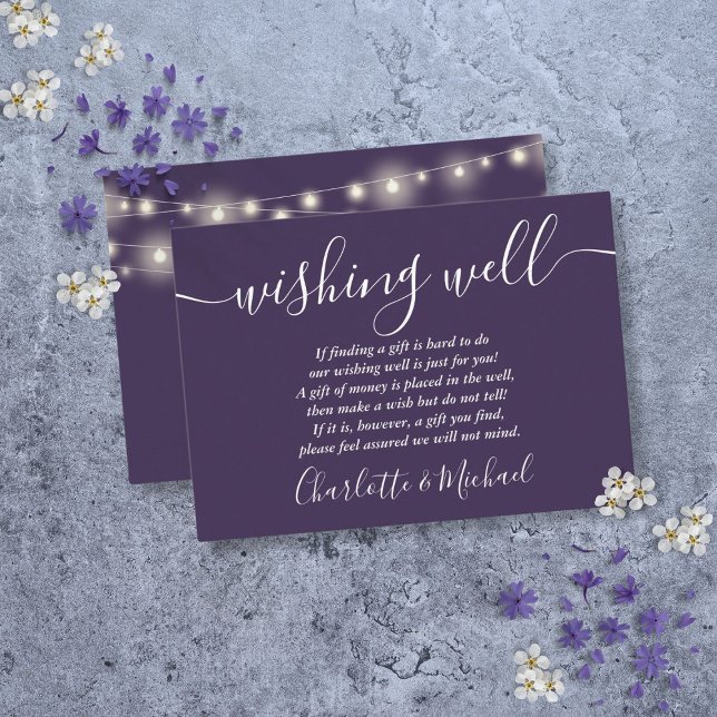 Önskebrunn Strängljus Lila Bröllop Tilläggskort (Wishing Well String Lights Purple Wedding Enclosure Card)