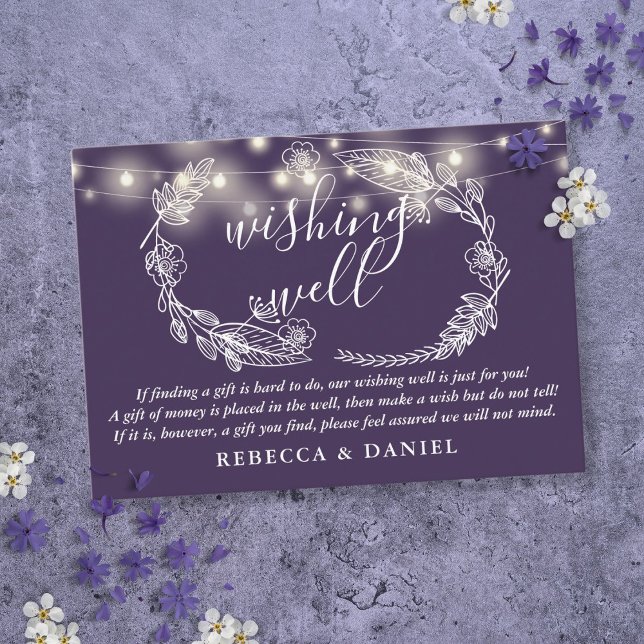 Önskebrunn Strängljus Lila Bröllop Tilläggskort (Wishing Well String Lights Purple Wedding Enclosure Card)