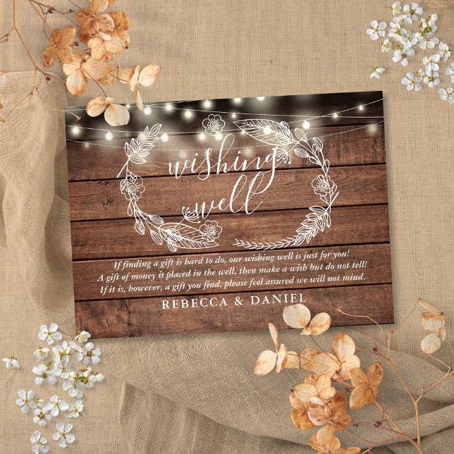Önskebrunn Strängljus Rustik Trä Bröllop Tilläggskort (Wishing Well String Lights Rustic Wood Wedding Enclosure Card)
