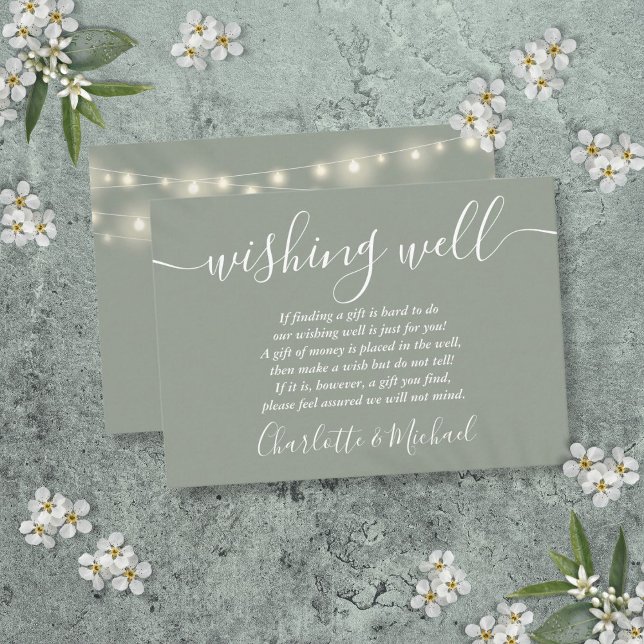 Önskebrunn Strängljus Salvia Grön Bröllop Tilläggskort (Wishing Well String Lights Sage Green Wedding Enclosure Card)