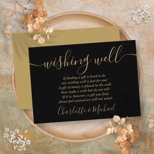 Önskebrunn Svart Och Guld Script Bröllop Tilläggskort (Wishing Well Black And Gold Script Wedding Enclosure Card)