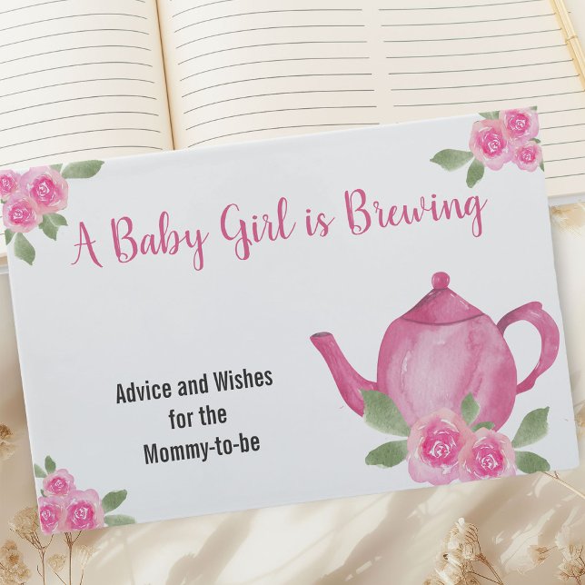 Önskemål and Advice Rosa Tekanna Girl Baby Shower Gästböcker (Baby is Brewing Baby Shower Guest Book with Pink Teapot and Flowers)