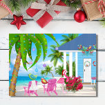 Önskemål Birds och Beach House Jul Helgkort<br><div class="desc">Det här tropiska jullekortet Julhälsningar en fin flock med färgfåglar och en rosa flamingo med en julhatt. De njuter av sitt vackra strandhus på havet. Inside Hälsning - "Warstrong Önskemål from our Helgdag Paradise to Yours!" - Lite grafik förbi och slslines.etsy.com. Tack för att du stannar!</div>