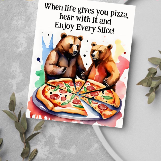 Önskemål björnar som har en gigantisk pizza vykort (Funny well wishes cheer up postcard two bears having a pizza motivational wishing well greetings)
