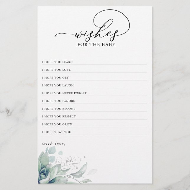 Önskemål för Baby-bocklaren Greenery Baby Shower (Framsida)