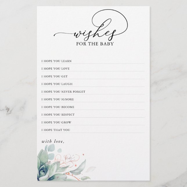 Önskemål för Baby-bocklaren Greenery Baby Shower (Framsida)