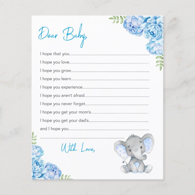 Önskemål för Baby Cards Blue Boy Elephant Shower (Framsida)