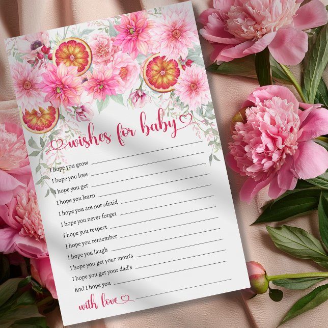 Önskemål for Baby Citrus Rosa Baby Shower Game (Wishes for baby citrus with pink watercolor flowers baby shower game, girl baby shower,)