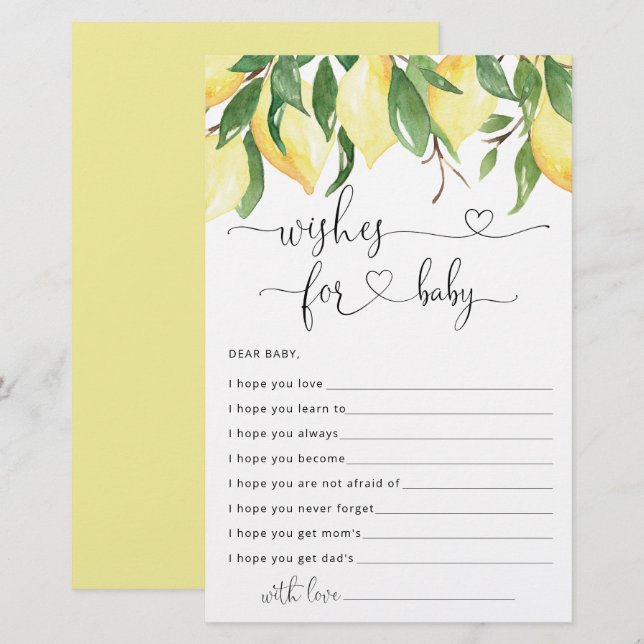 Önskemål för Baby-färgkort för Lemon Baby Shower (Fram/baksida)
