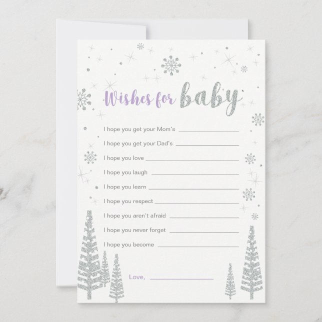 Önskemål för Baby-kort, Lila Baby Shower Game Inbjudningar (Framsida)