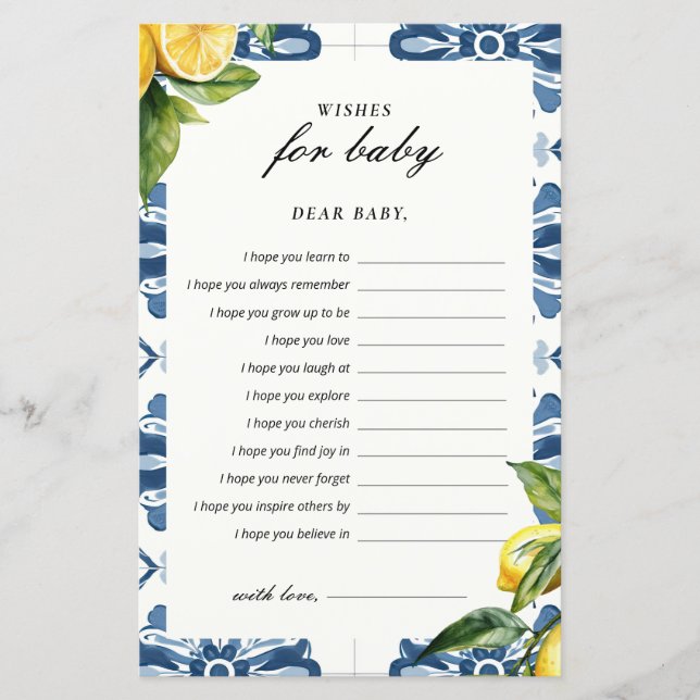 Önskemål för Baby Lemon Positano Baby Shower Game (Framsida)