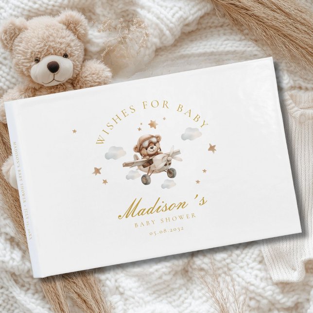 Önskemål för Baby! Nalle och flygplan Gästböcker (Personalized "Wishes for Baby!" Baby Shower, White Guest Book. For boy and girl.)