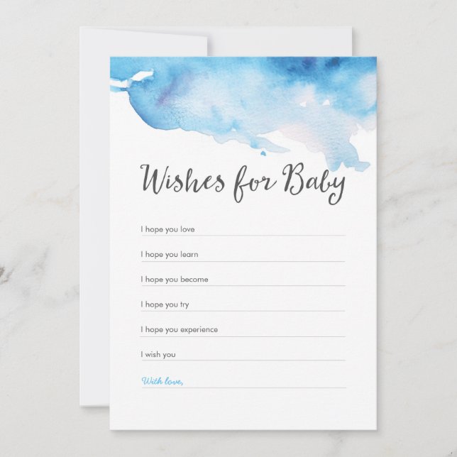 Önskemål för baby shower för blåttvattenfärgstänk inbjudningar (Framsida)