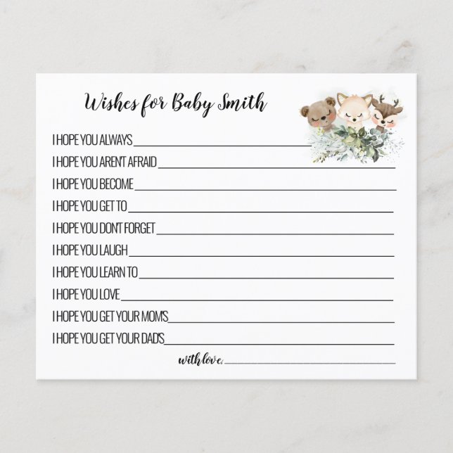 Önskemål för Baby Woodland Animals Babyvykort Flygblad (Framsidan)