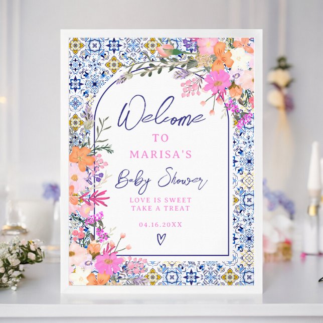 Önskemål för blåfärgade plattor, vilda blommor bab poster (Blue tiles watercolor wildflowers baby welcome poster)