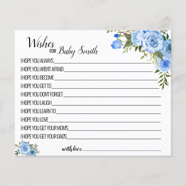 Önskemål för Nyfödd bebis blått babyduschkort (Framsida)