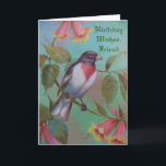 Önskemål, Friend, söt fågel. Kort<br><div class="desc">Söt,  rödbrast fågel,  sitta på blommor,  på den här gamla bilden visas på födelsedagen hälsning för en vän.</div>