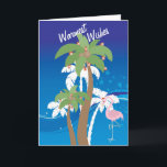 Önskemål Handflatan Träd Beach-Helgdag Helgkort<br><div class="desc">Detta varmaste Önskemål Julhälsningar kort med handflatan träd som dekorerats med julgranen ljus och en flamingo med en julhatt mot coolans blå och vita abstrakt strandbakgrund. Inuti Hälsning ~ varmaste Önskemål för de äldsta Yules</div>