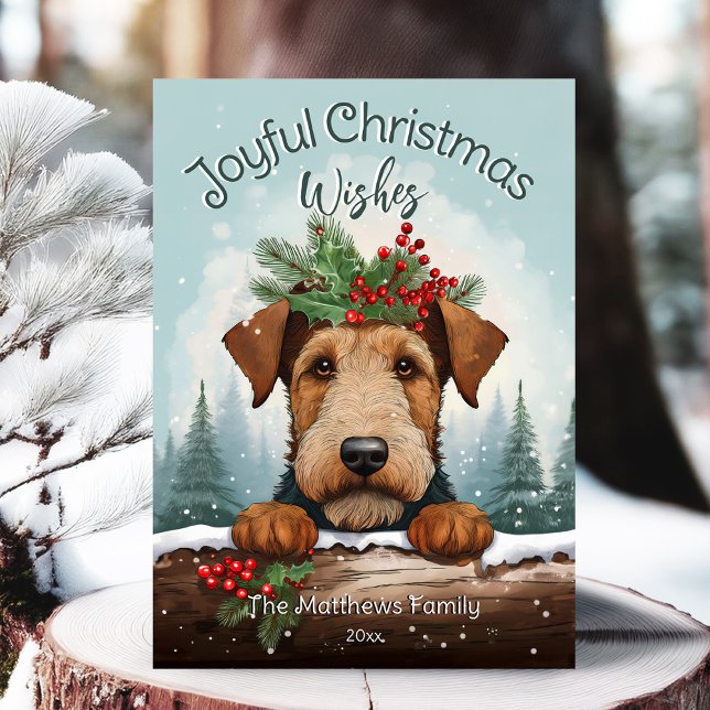 Önskemål Winter Forest Airedale Terrier Julkort (Adorable Winter Snowy Scene With Peeking Dogs or Farm/Woodland Animals - Over 50 to Choose From!)