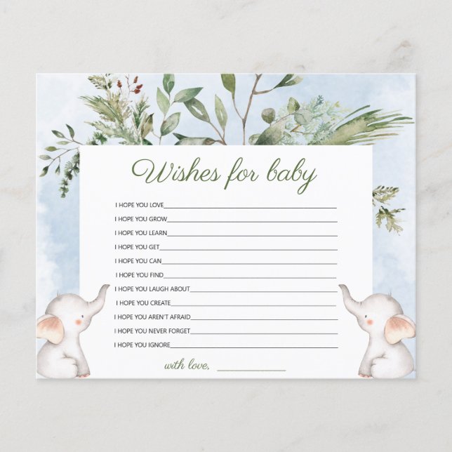 Önskningar för baby elefant Blå baby shower spel (Framsida)