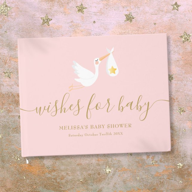 Önskningar för Baby Girl Pink Stork Star Baby Show Gästböcker (Wishes for Baby Girl Pink Stork Star Baby Shower Guest Book)
